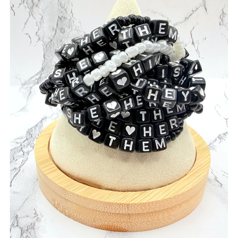 Pronoun Stretch Friendship Bracelet Lot Black White Pearl Beaded Pride Jewelry